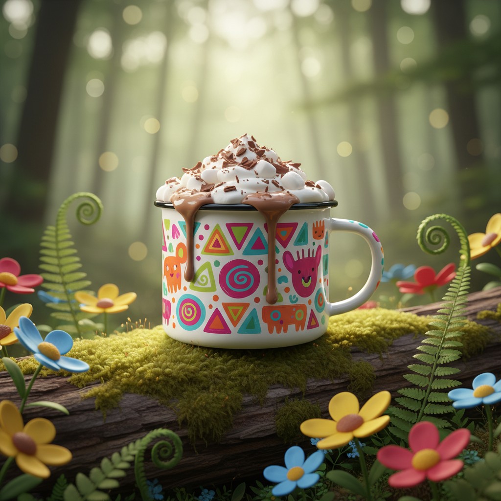 A mug filled with hot chocolate, adorned with a whimsical pattern of cartoon animals in various geometric shapes, rests on...