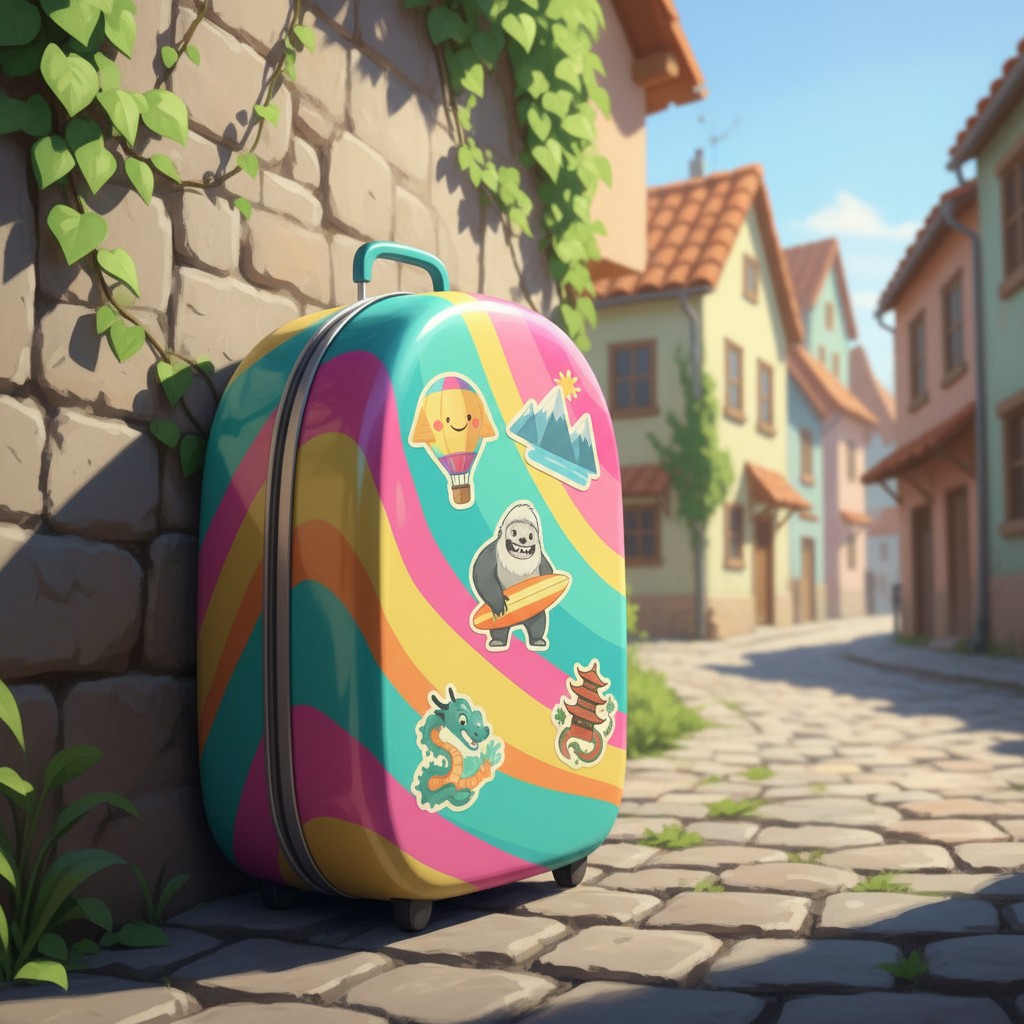 這個既有趣又輕熟軟的旅行背包, 杉上有各式各樣的刺ีร, 在一塊石牆旁, 在一條拋石街的前, 堪罝深的夏季氣氣中。