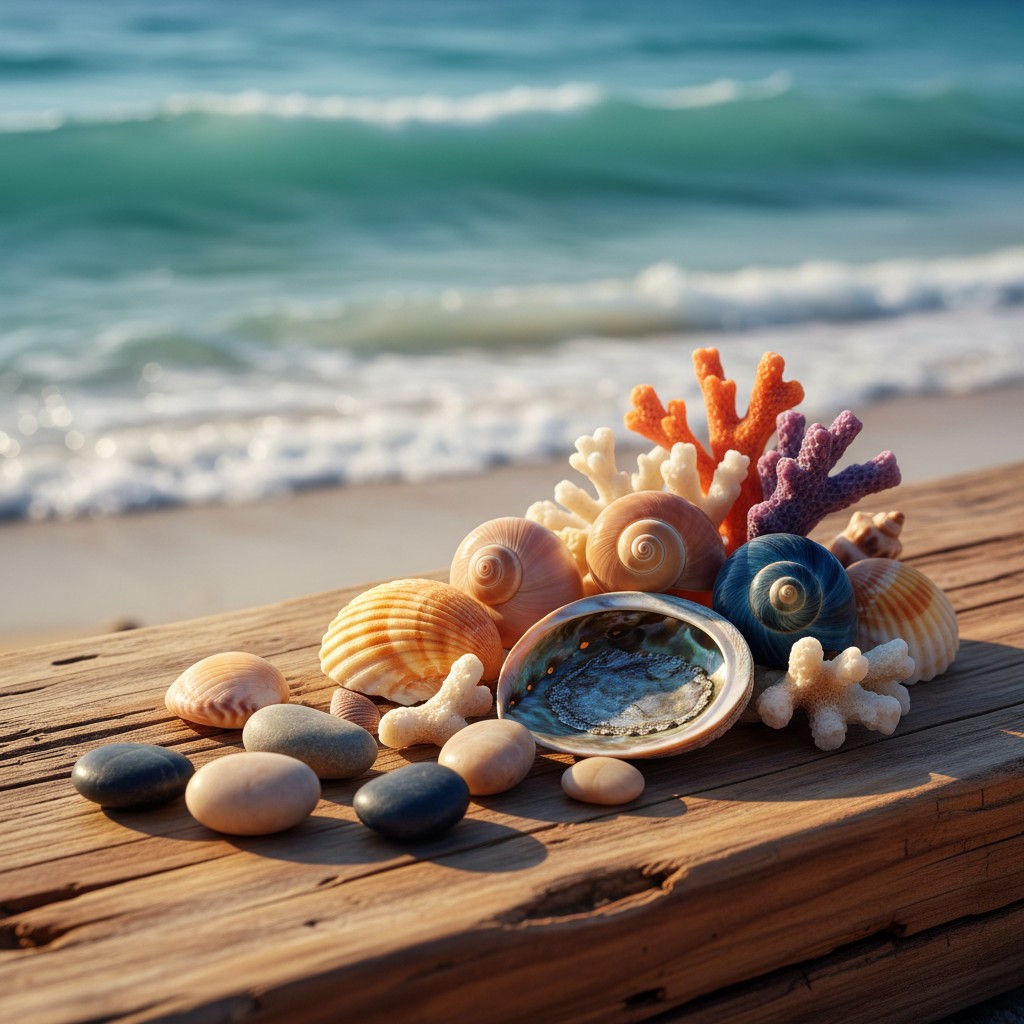 A collection of seashells and coral, set against a blurred beach background.