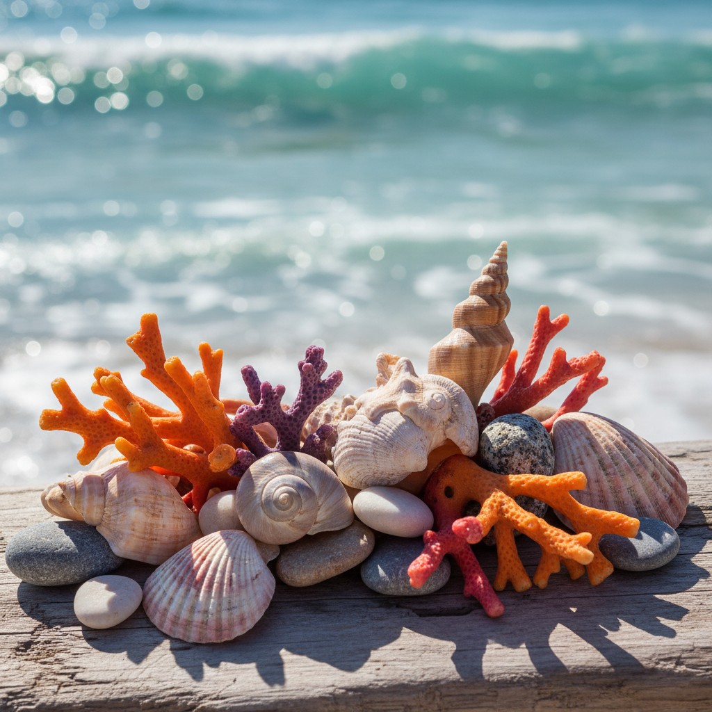 A collection of seashells and coral on a wooden surface, with a blurred background of a beach or ocean.
