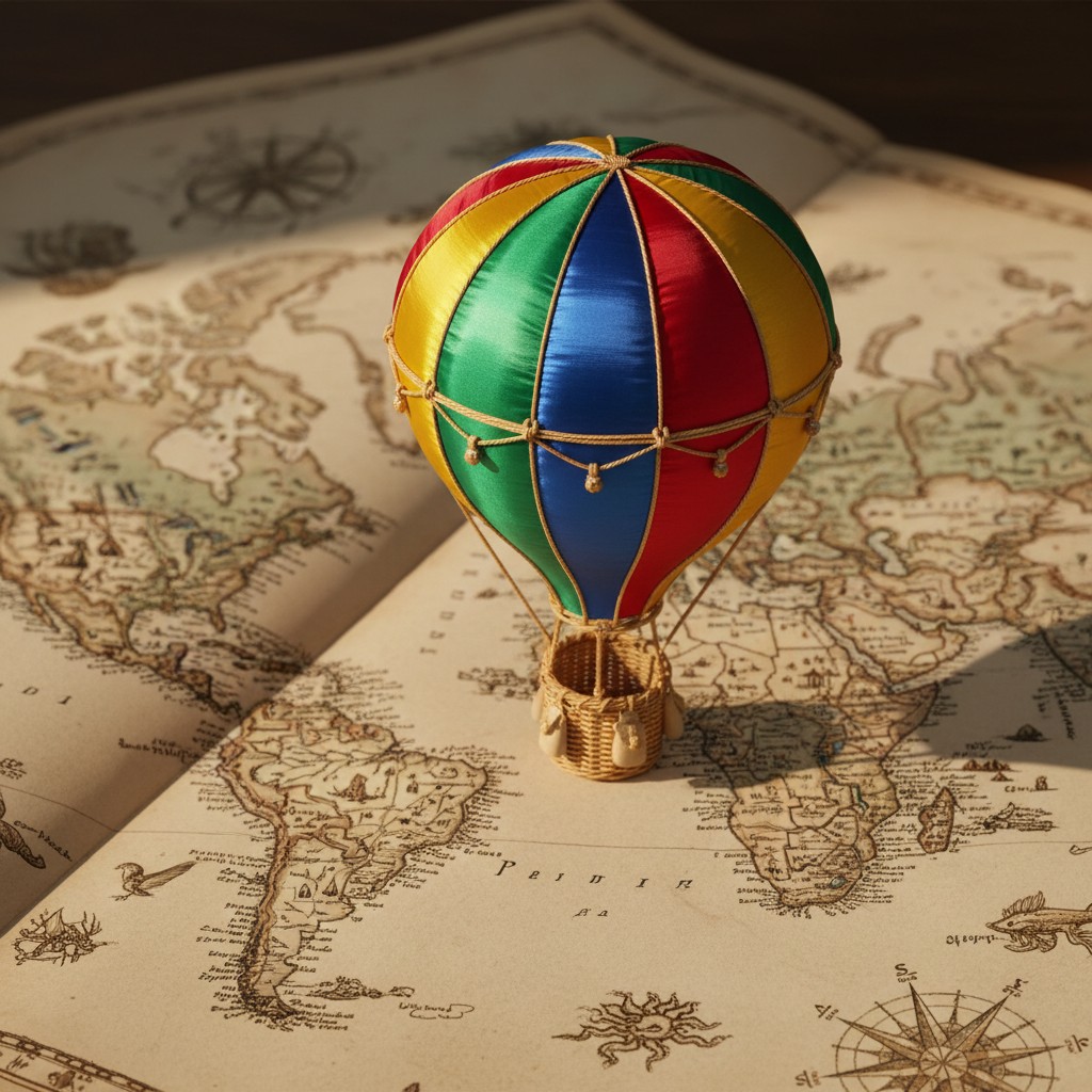 A hot air balloon on a vintage map, possibly symbolizing exploration and travel.